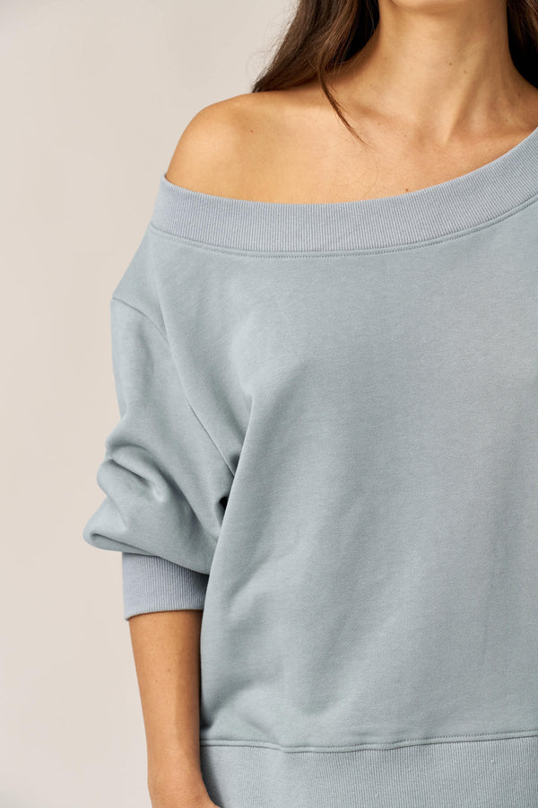 DUSTY BLUE FRENCH TERRY OFF-SHOULDER TOP