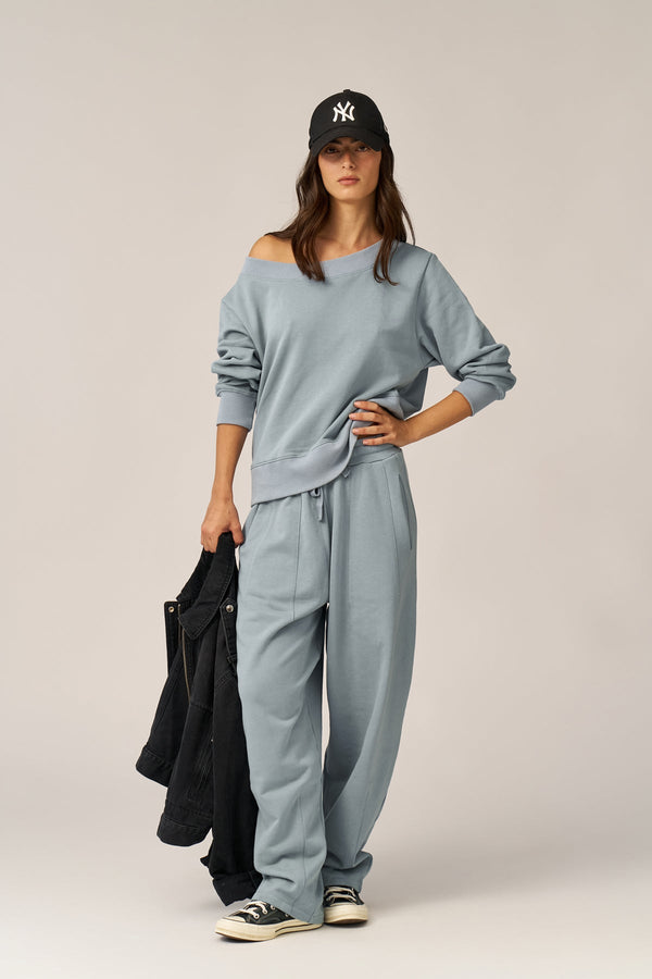 DUSTY BLUE FRENCH TERRY OFF-SHOULDER TOP