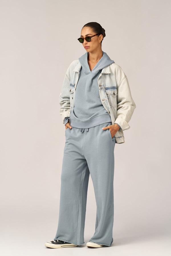 DUSTY BLUE FRENCH TERRY WIDE LEG PANTS