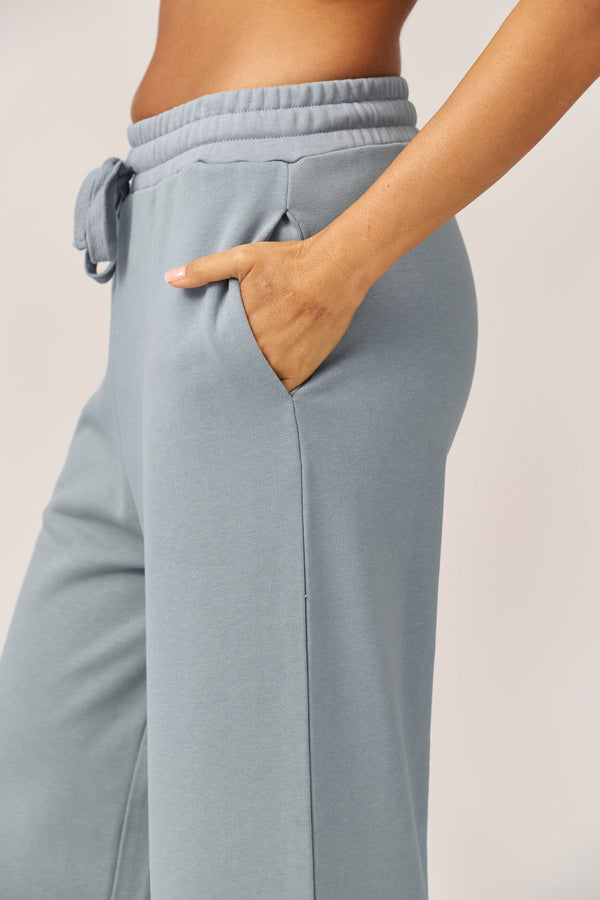 DUSTY BLUE FRENCH TERRY WIDE LEG PANTS
