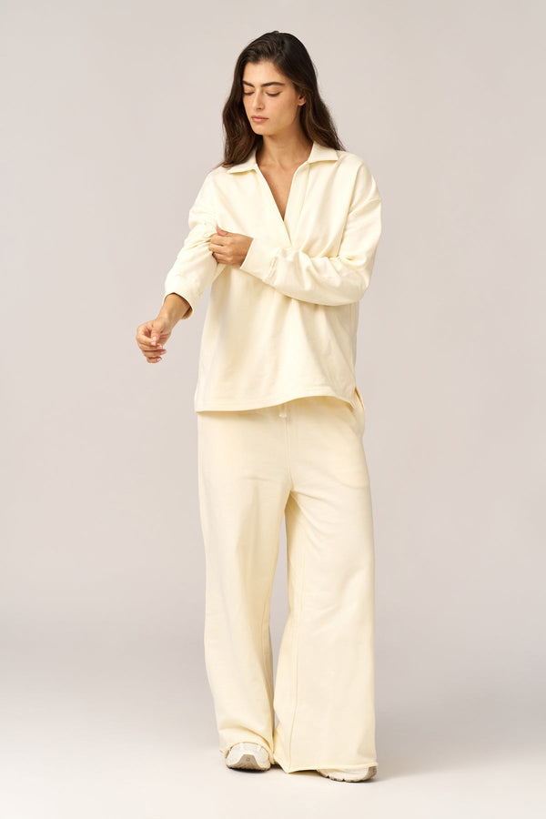 CREAM FRENCH TERRY WIDE LEG PANTS