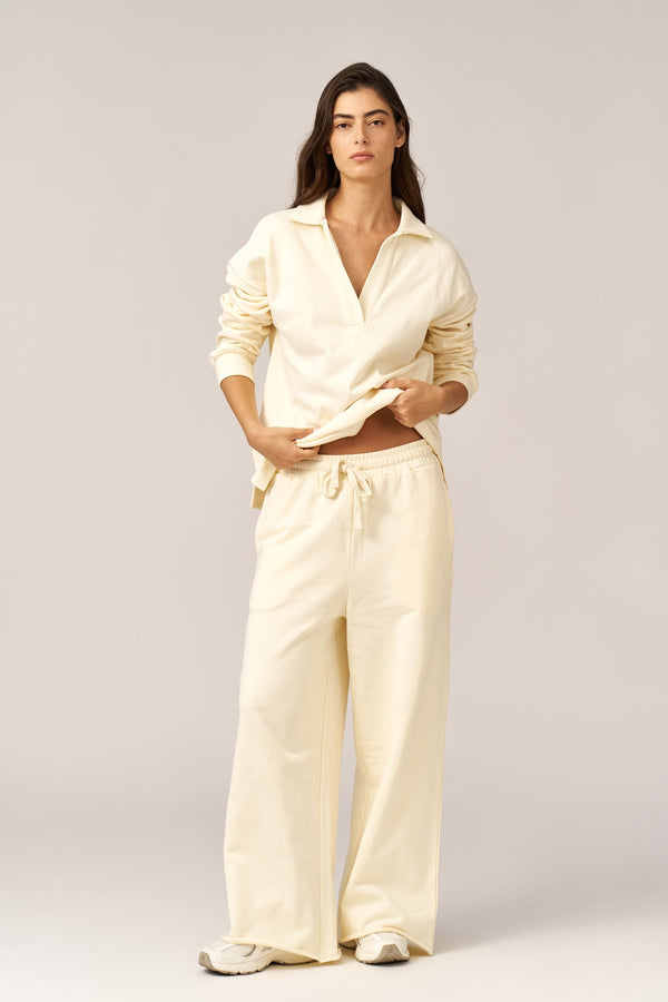 CREAM FRENCH TERRY WIDE LEG PANTS