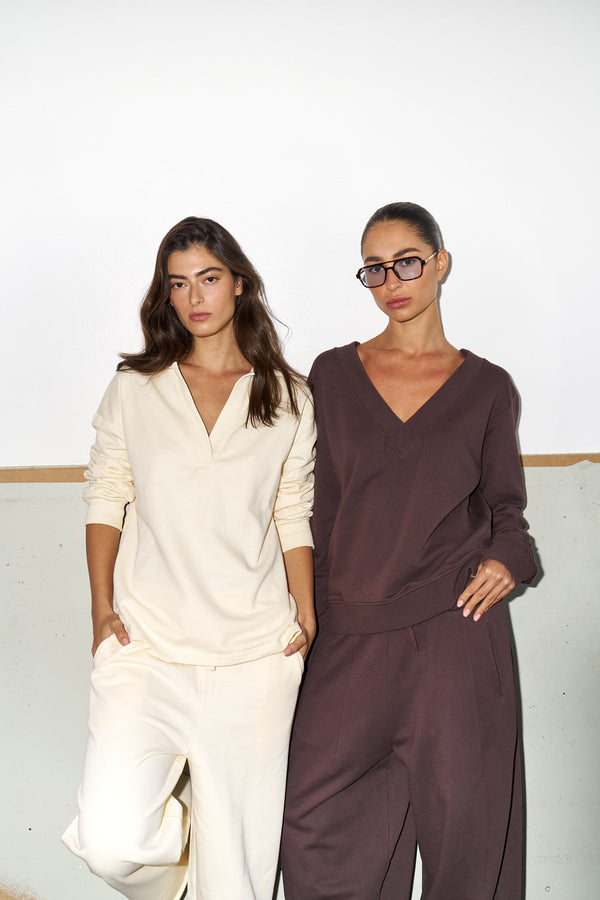 BROWN FRENCH TERRY V-NECK SHIRT