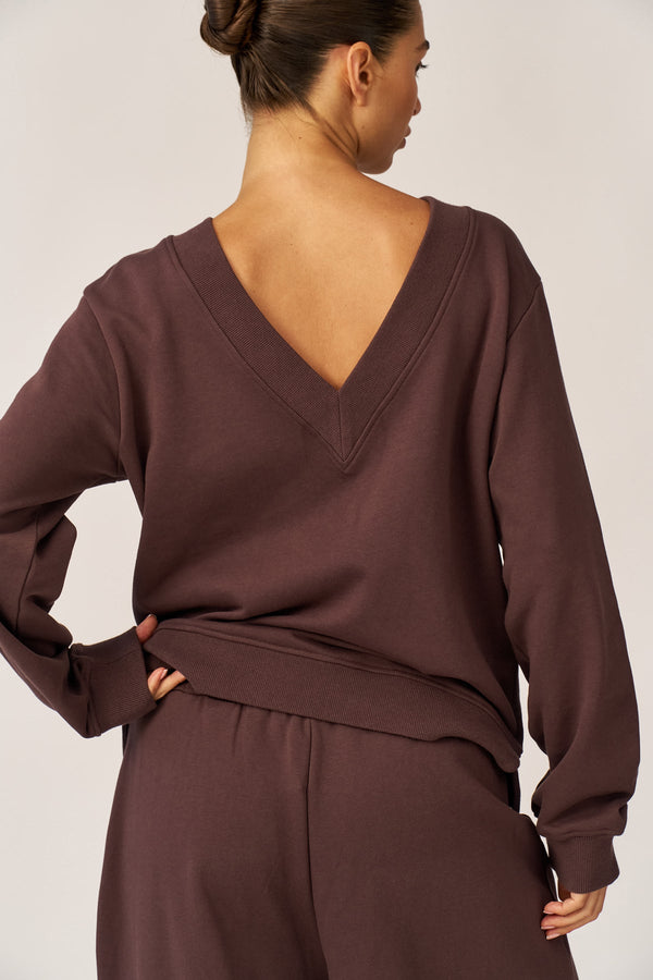 BROWN FRENCH TERRY V-NECK SHIRT