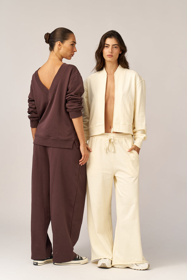 CREAM FRENCH TERRY WIDE LEG PANTS