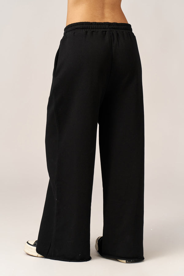 BLACK FRENCH TERRY WIDE LEG PANTS