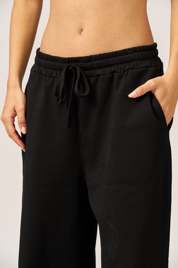 BLACK FRENCH TERRY WIDE LEG PANTS