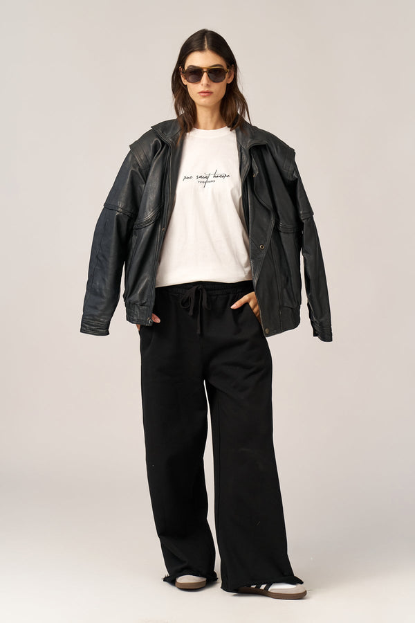 BLACK FRENCH TERRY WIDE LEG PANTS