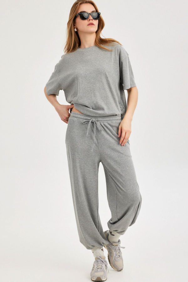Grey Ribbed Wide-Leg Trousers