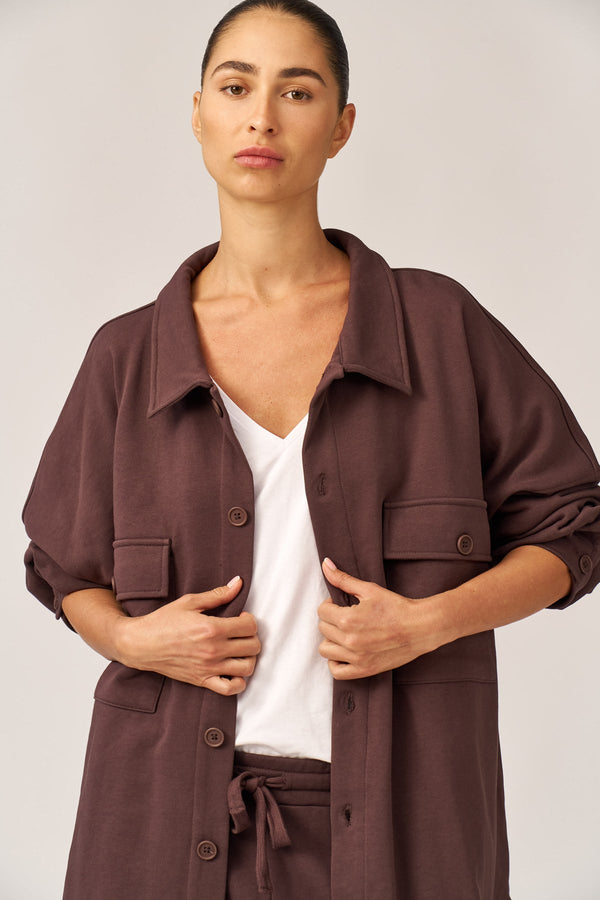 BROWN FRENCH TERRY OVERSIZED BUTTON-UP JACKET