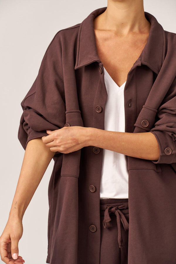 BROWN FRENCH TERRY OVERSIZED BUTTON-UP JACKET