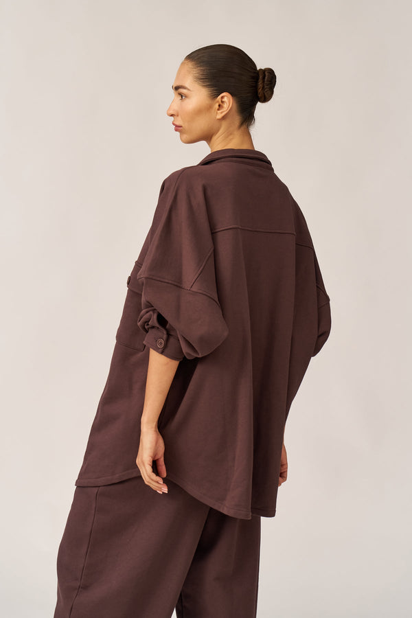 BROWN FRENCH TERRY OVERSIZED BUTTON-UP JACKET