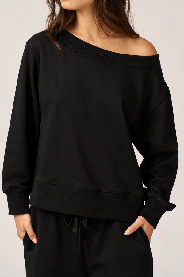 BLACK FRENCH TERRY OFF-SHOULDER TOP