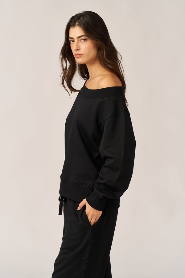 BLACK FRENCH TERRY OFF-SHOULDER TOP