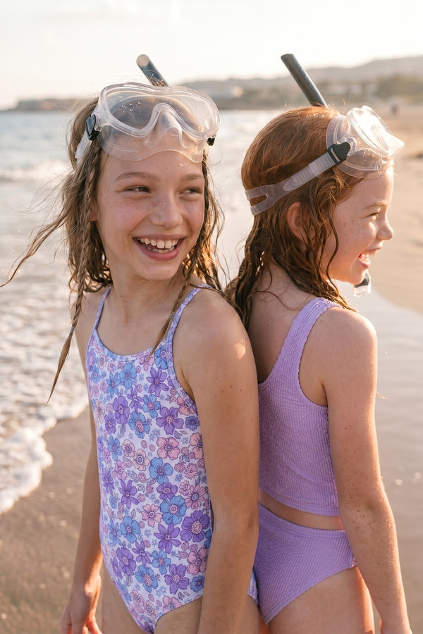 Girls Purple Floral Criss-Cross Back Swimsuit