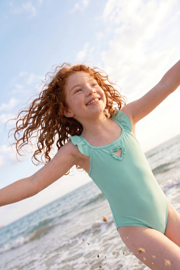 Girls Green Ruffle Strap Swimsuit