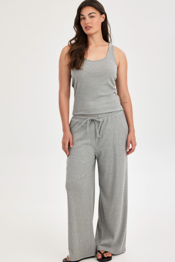 Grey Ribbed Wide-Leg Trousers
