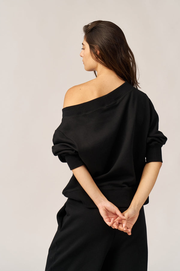 BLACK FRENCH TERRY OFF-SHOULDER TOP