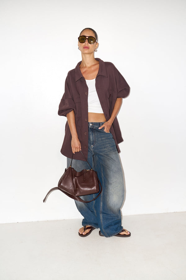 BROWN FRENCH TERRY OVERSIZED BUTTON-UP JACKET