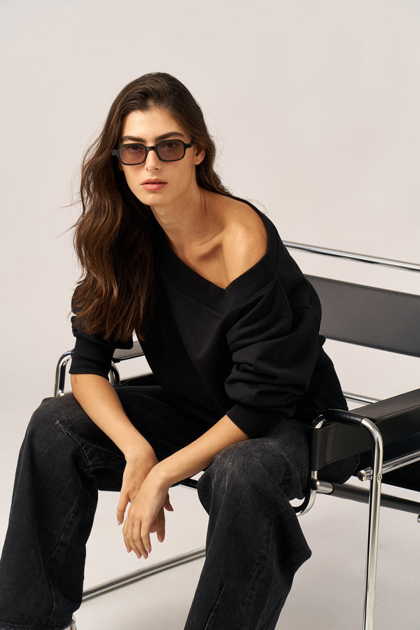 BLACK FRENCH TERRY OFF-SHOULDER TOP