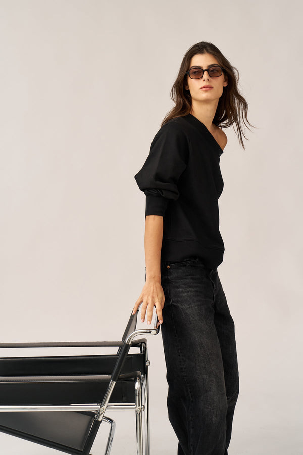 BLACK FRENCH TERRY OFF-SHOULDER TOP