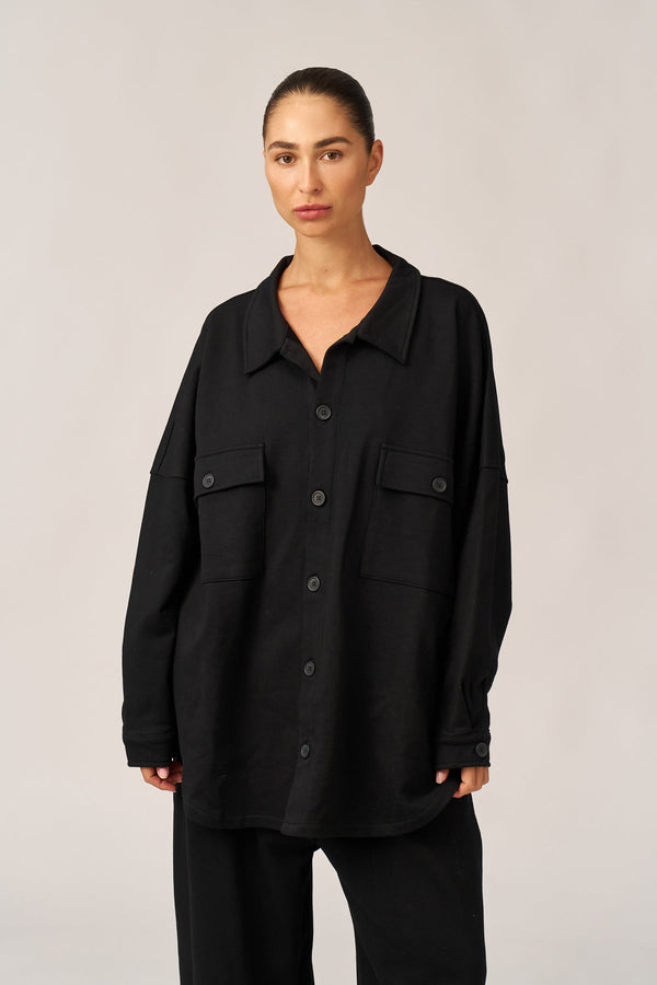 BLACK FRENCH TERRY OVERSIZED BUTTON-UP JACKET