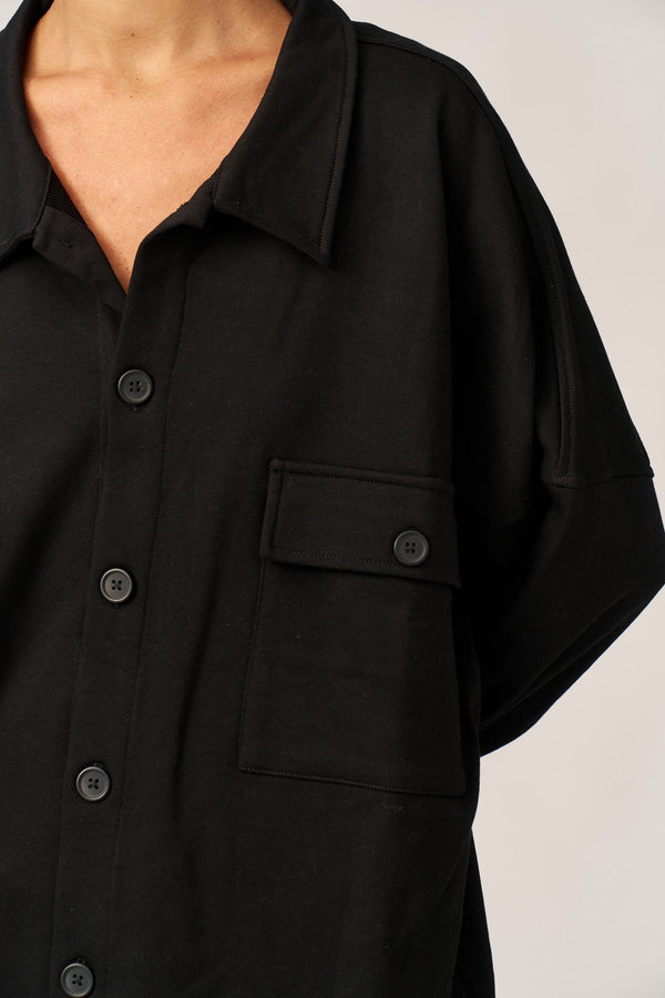 BLACK FRENCH TERRY OVERSIZED BUTTON-UP JACKET