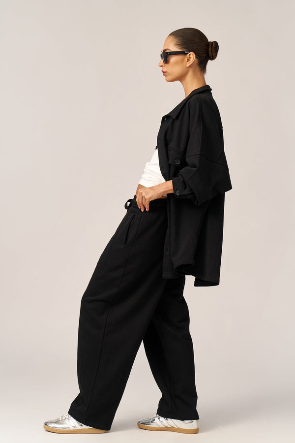 BLACK FRENCH TERRY OVERSIZED BUTTON-UP JACKET