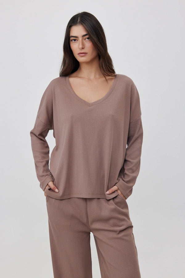Oat V-Neck Ribbed Tee