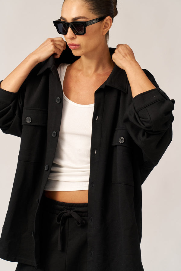 BLACK FRENCH TERRY OVERSIZED BUTTON-UP JACKET