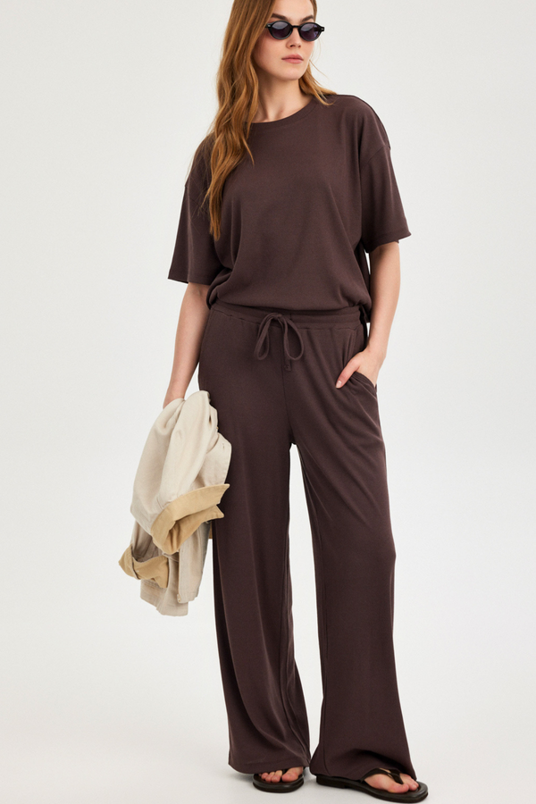 Dark Brown Ribbed Wide-Leg Trousers