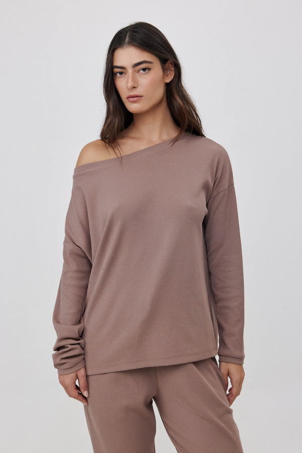 Oat Ribbed Off-Shoulder Top