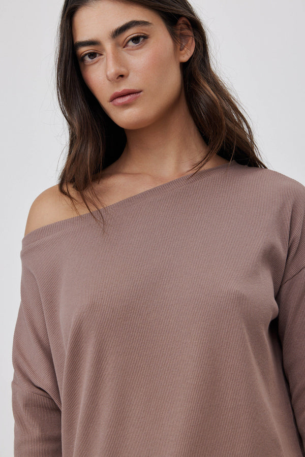 Oat Ribbed Off-Shoulder Top