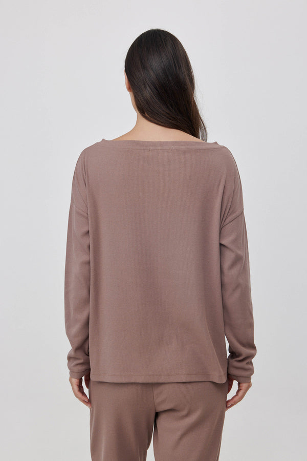 Oat Ribbed Off-Shoulder Top