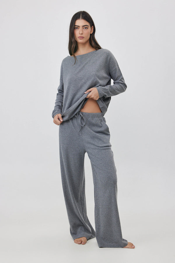 Grey Ribbed Wide-Leg Pants