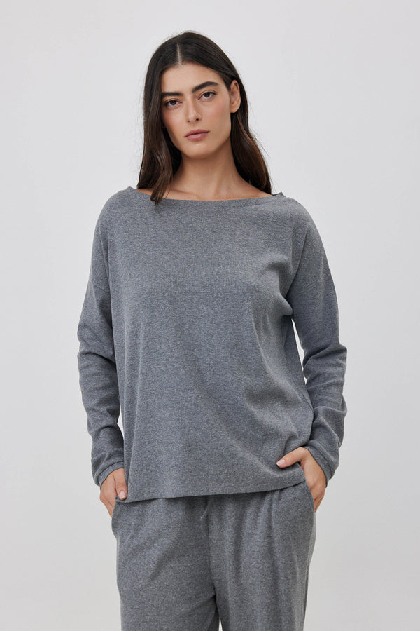 Grey Ribbed Off-Shoulder Top