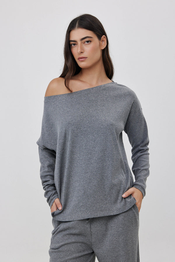 Grey Ribbed Off-Shoulder Top