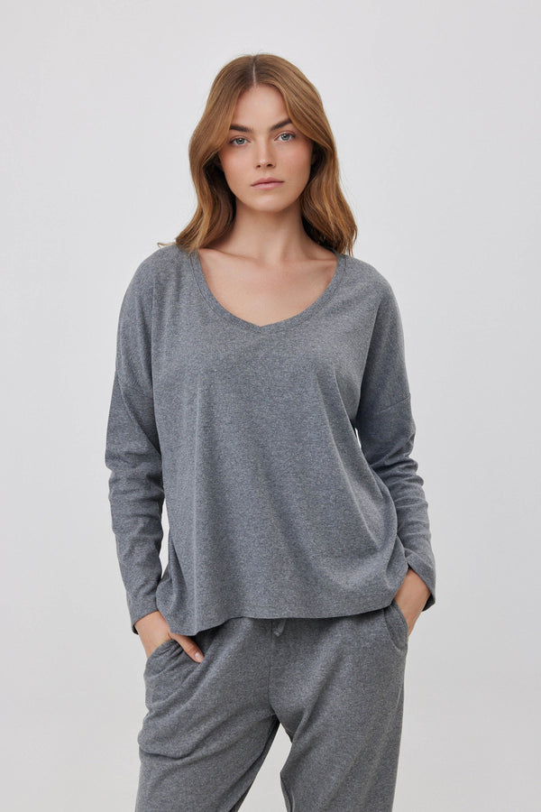 Grey V-Neck Ribbed Tee