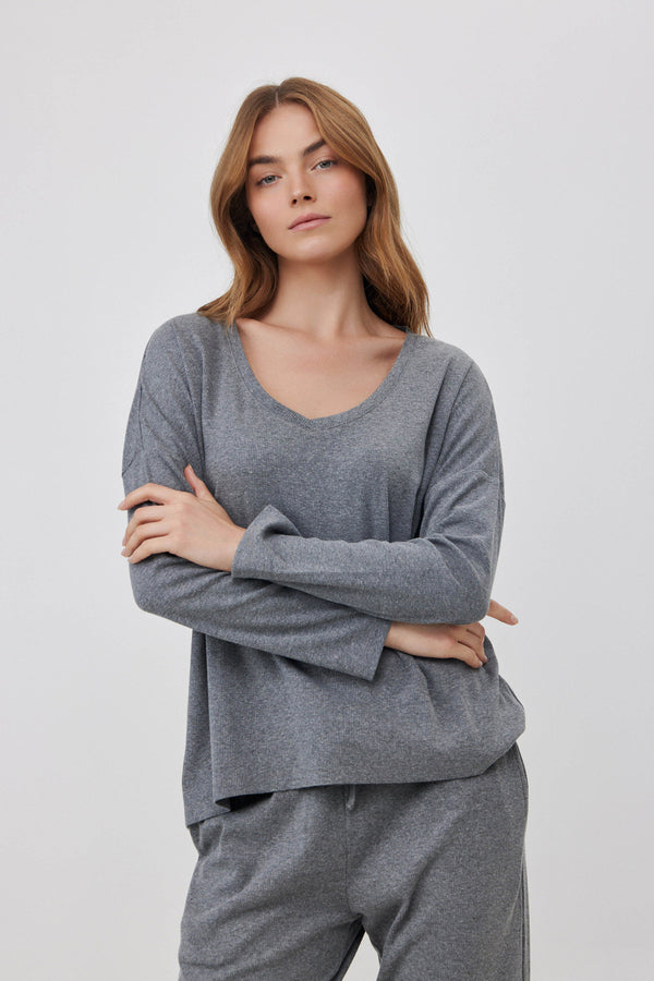 Grey V-Neck Ribbed Tee