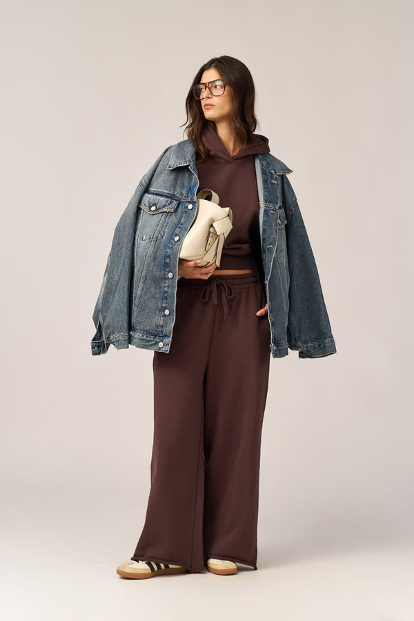 BROWN FRENCH TERRY WIDE LEG PANTS