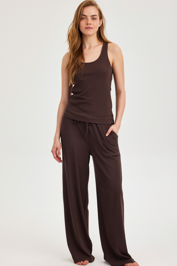Dark Brown Ribbed Wide-Leg Trousers