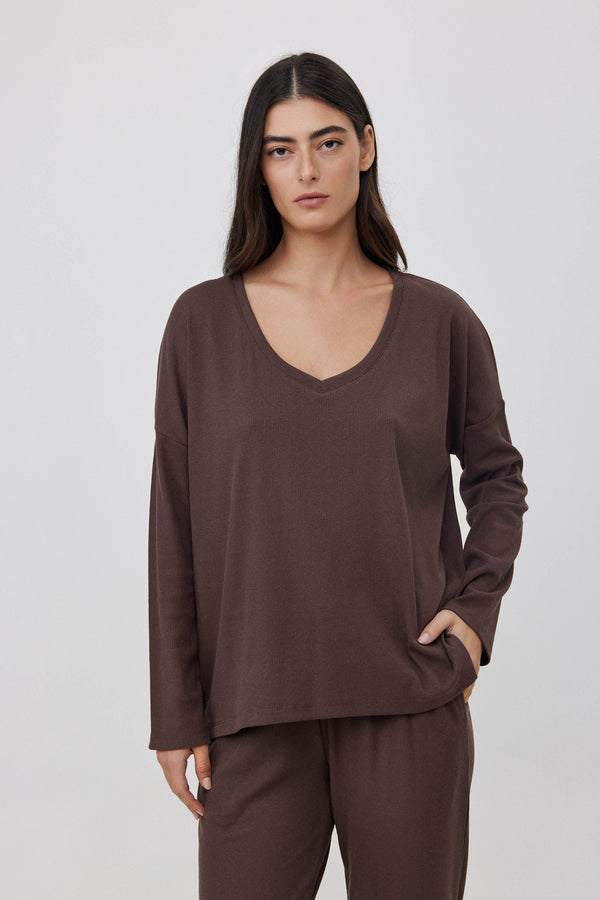 Espresso V-Neck Ribbed Tee