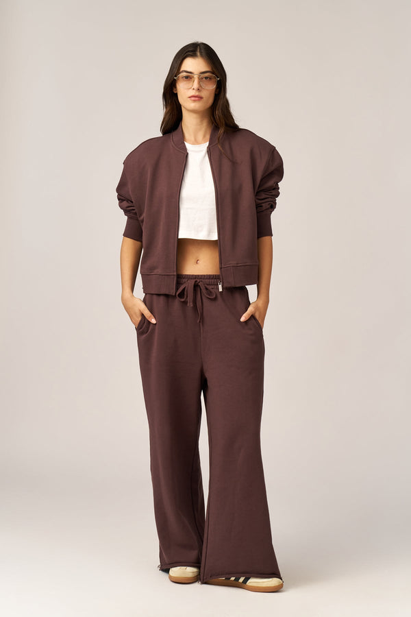BROWN FRENCH TERRY WIDE LEG PANTS