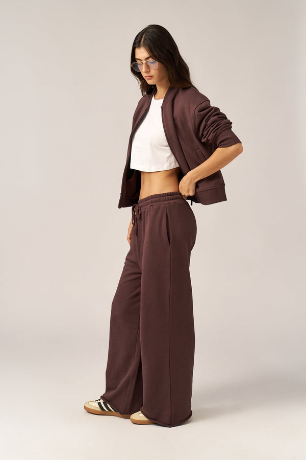 BROWN FRENCH TERRY WIDE LEG PANTS