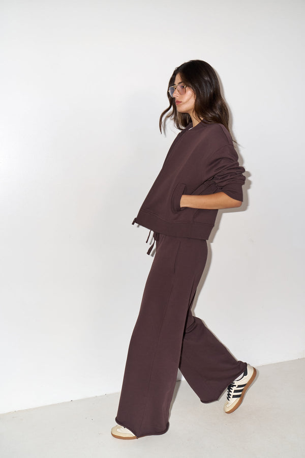 BROWN FRENCH TERRY WIDE LEG PANTS