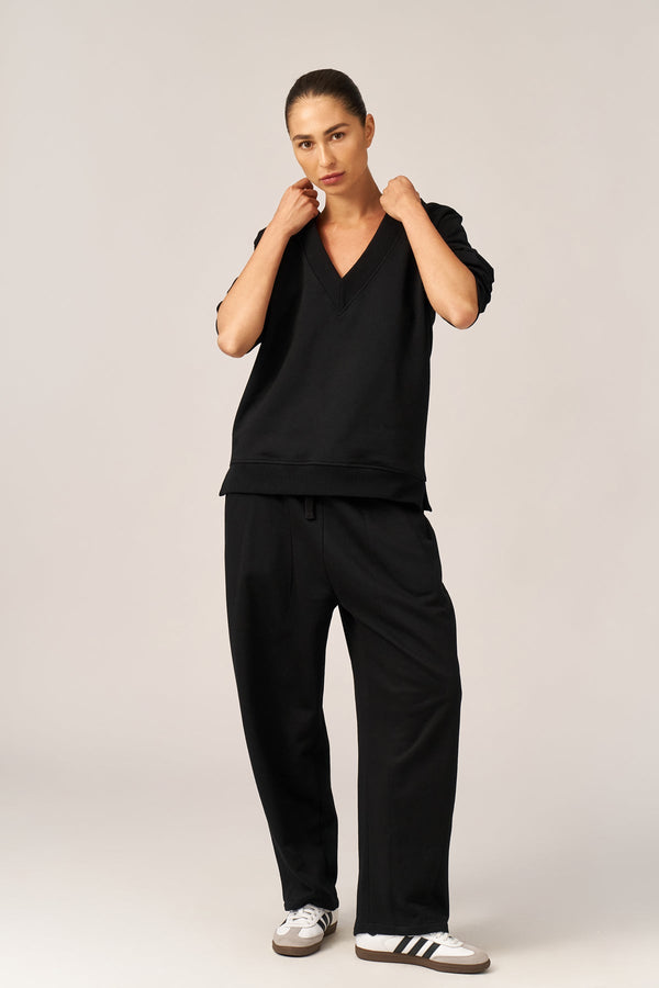 BLACK FRENCH TERRY V-NECK SHIRT