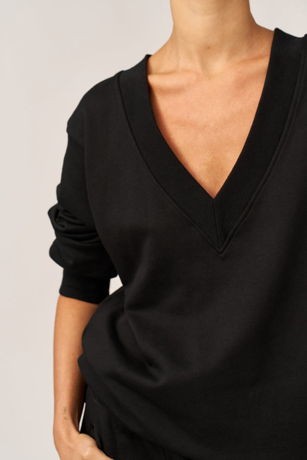 BLACK FRENCH TERRY V-NECK SHIRT