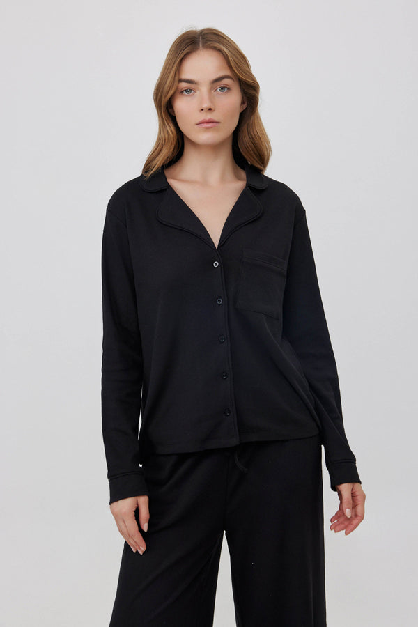 Black Ribbed Button-Up Shirt