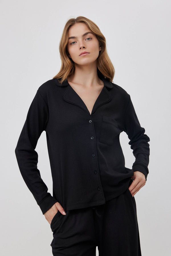 Black Ribbed Button-Up Shirt