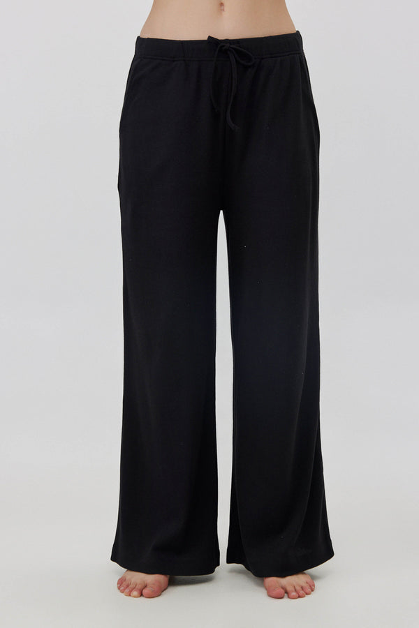 Black Ribbed Wide-Leg Pants